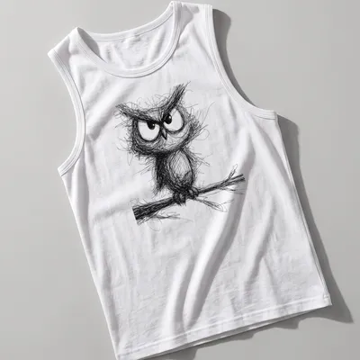 Sketch-style illustration of a whimsical owl in black and white — printed on a tank top