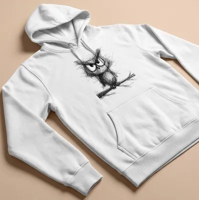 Sketch-style illustration of a whimsical owl in black and white — printed on a unisex hoodie