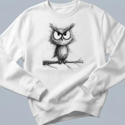 Sketch-style illustration of a whimsical owl in black and white — printed on a unisex sweatshirt