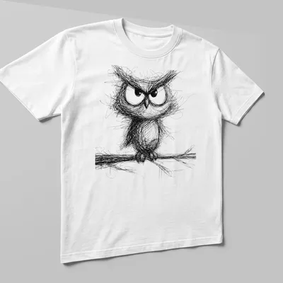 Sketch-style illustration of a whimsical owl in black and white — printed on a unisex t-shirt (angled view)