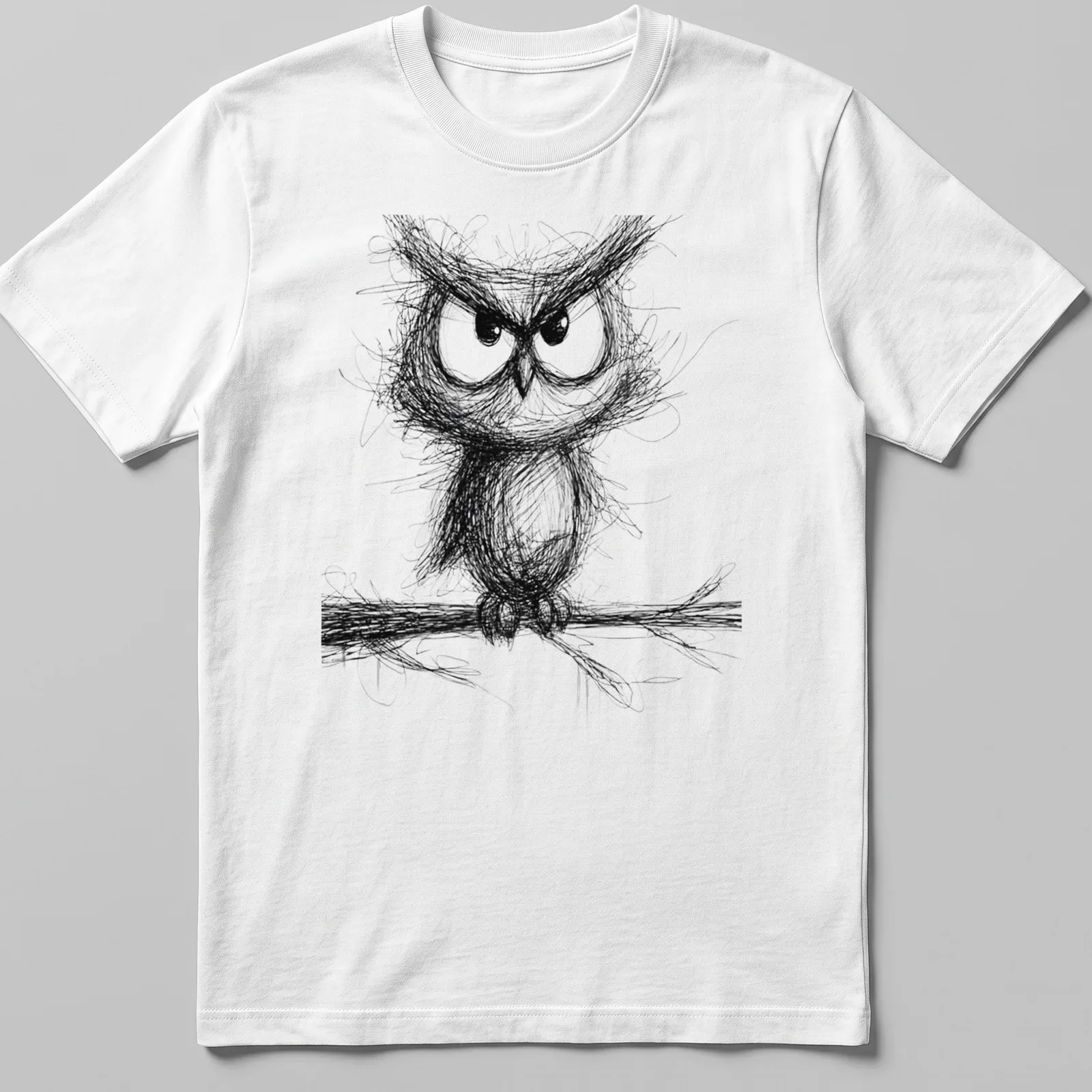 Sketch-style illustration of a whimsical owl in black and white — printed on a unisex t-shirt