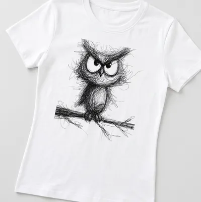 Sketch-style illustration of a whimsical owl in black and white — printed on a women's shirt