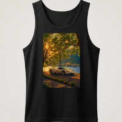 Realistic illustration of a Pagani Zonda racing through a colorful landscape. — printed on a tank top