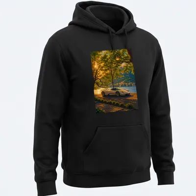 Realistic illustration of a Pagani Zonda racing through a colorful landscape. — printed on a unisex hoodie