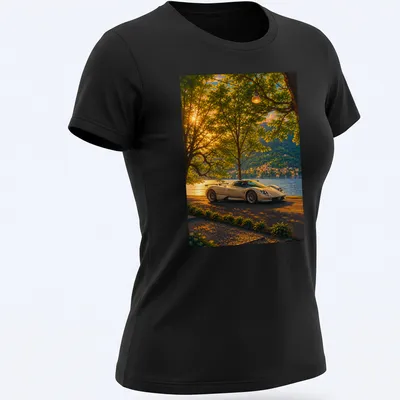 Realistic illustration of a Pagani Zonda racing through a colorful landscape. — printed on a women's shirt