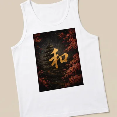 Japanese kanji for harmony with a traditional pagoda illustration in black, gold, pink, and red — printed on a tank top
