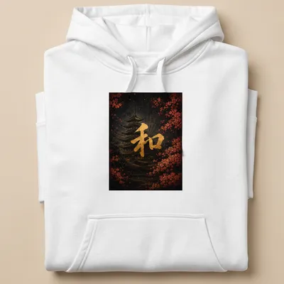 Japanese kanji for harmony with a traditional pagoda illustration in black, gold, pink, and red — printed on a unisex hoodie