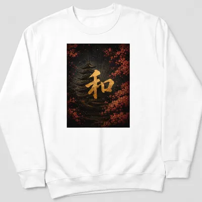Japanese kanji for harmony with a traditional pagoda illustration in black, gold, pink, and red — printed on a unisex sweatshirt
