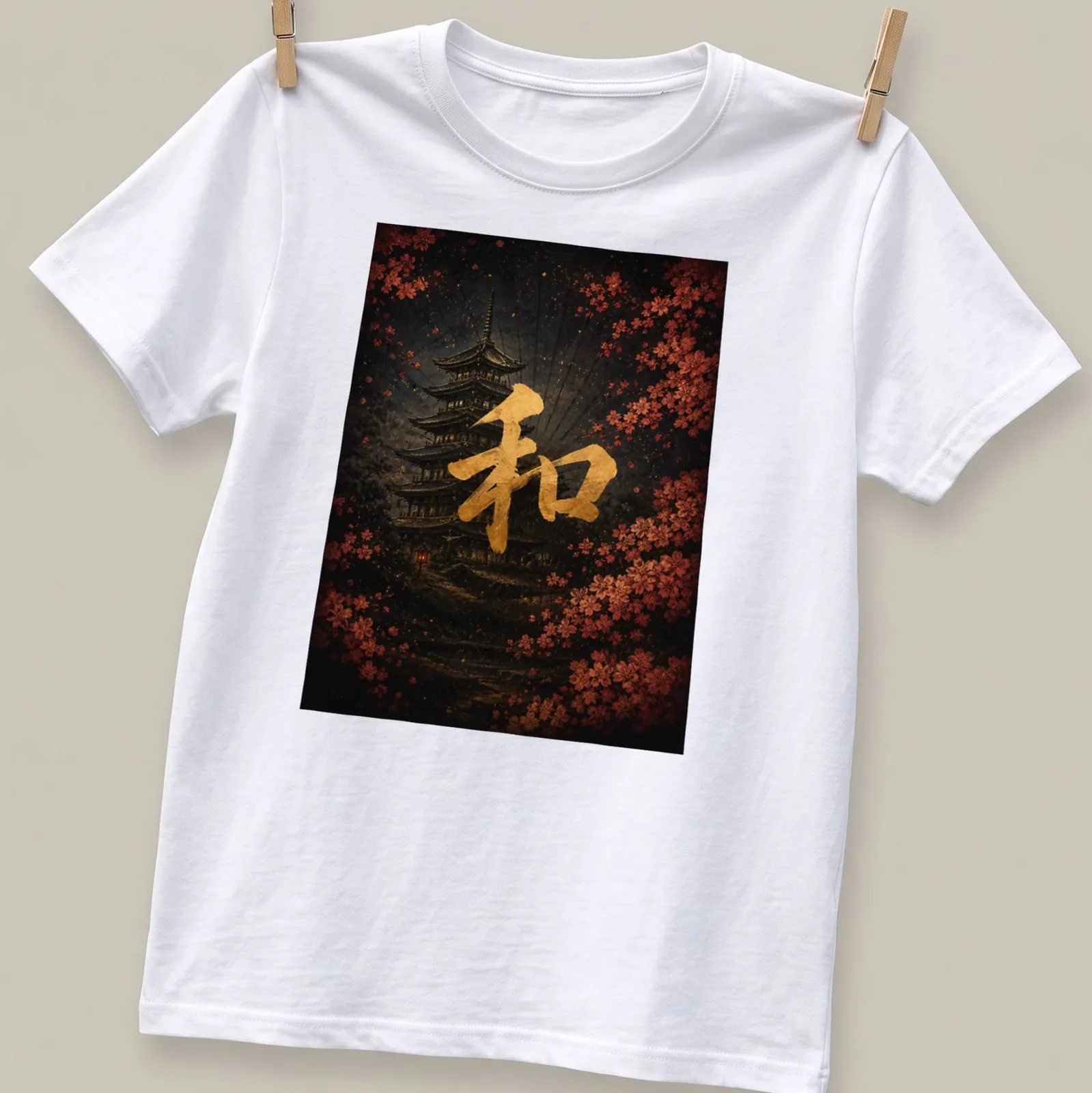 Japanese kanji for harmony with a traditional pagoda illustration in black, gold, pink, and red — printed on a unisex t-shirt