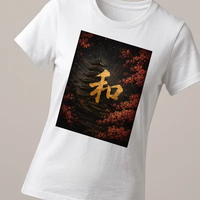 Japanese kanji for harmony with a traditional pagoda illustration in black, gold, pink, and red — printed on a women's shirt