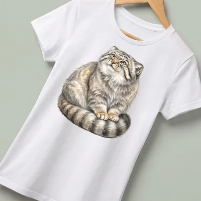 Watercolor illustration of a Pallas Cat with gray, cream, and brown tones — printed on a women's shirt