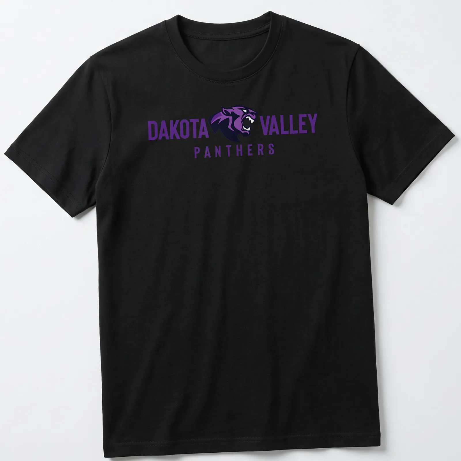 Bold graphic of Dakota Valley Panthers text with a panther illustration. — printed on a unisex t-shirt