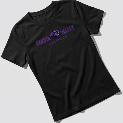 Bold graphic of Dakota Valley Panthers text with a panther illustration. — printed on a women's shirt