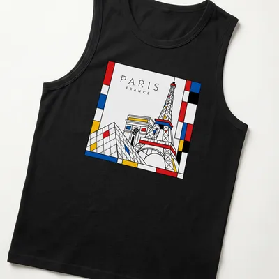 Illustration of Eiffel Tower and Pyramid in Mondrian style with bold colors — printed on a tank top