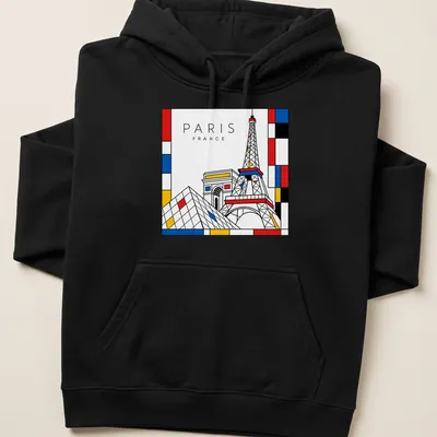 Illustration of Eiffel Tower and Pyramid in Mondrian style with bold colors — printed on a unisex hoodie