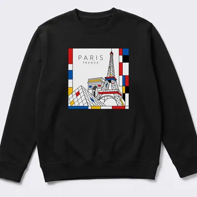 Illustration of Eiffel Tower and Pyramid in Mondrian style with bold colors — printed on a unisex sweatshirt