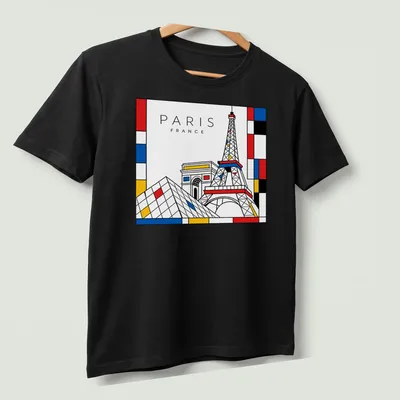 Illustration of Eiffel Tower and Pyramid in Mondrian style with bold colors — printed on a unisex t-shirt (angled view)