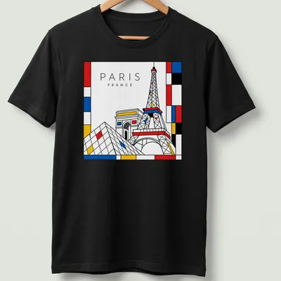 Illustration of Eiffel Tower and Pyramid in Mondrian style with bold colors
