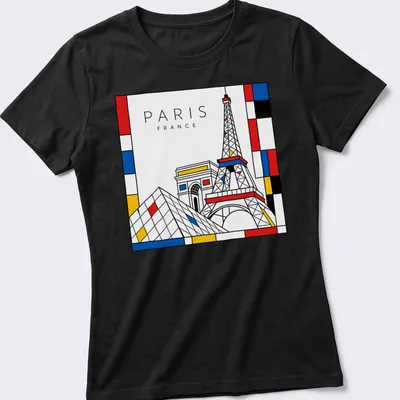 Illustration of Eiffel Tower and Pyramid in Mondrian style with bold colors — printed on a women's shirt