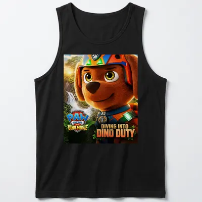 Colorful animated Paw Patrol T-shirt featuring Diving Into Dino Duty text — printed on a tank top