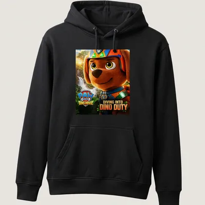 Colorful animated Paw Patrol T-shirt featuring Diving Into Dino Duty text — printed on a unisex hoodie