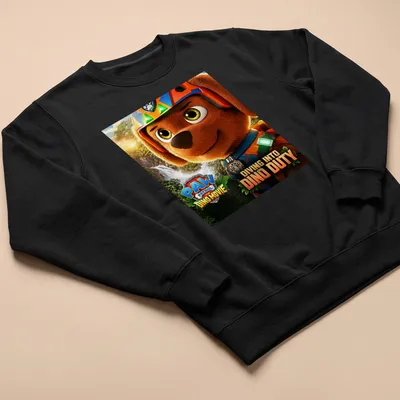 Colorful animated Paw Patrol T-shirt featuring Diving Into Dino Duty text — printed on a unisex sweatshirt