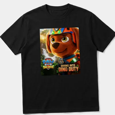 Colorful animated Paw Patrol T-shirt featuring Diving Into Dino Duty text — printed on a unisex t-shirt