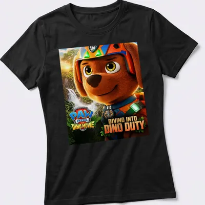 Colorful animated Paw Patrol T-shirt featuring Diving Into Dino Duty text — printed on a women's shirt