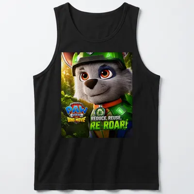 Colorful animated Paw Patrol T-shirt with dino theme and vibrant text — printed on a tank top