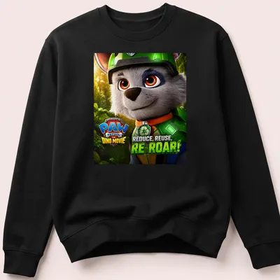 Colorful animated Paw Patrol T-shirt with dino theme and vibrant text — printed on a unisex sweatshirt