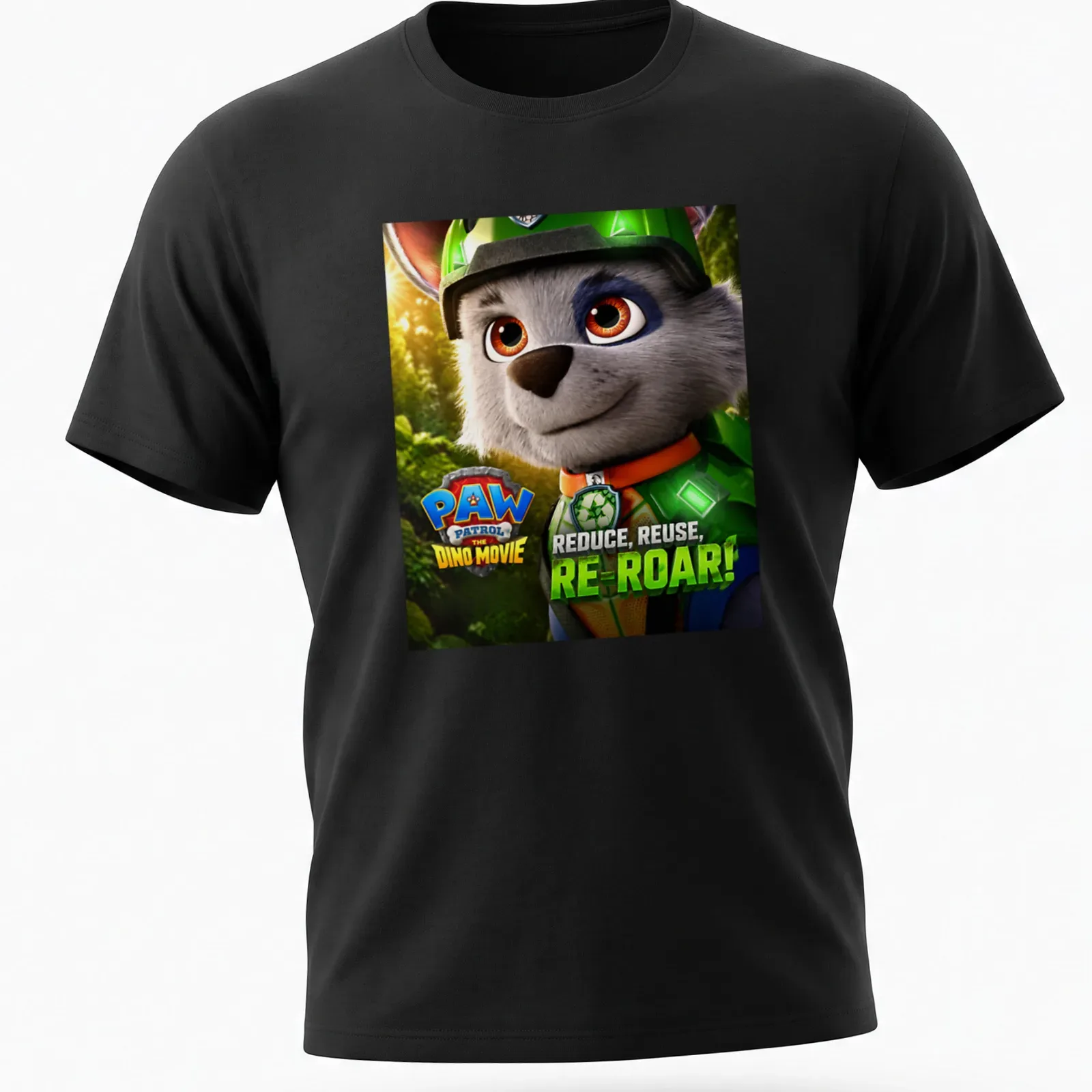 Colorful animated Paw Patrol T-shirt with dino theme and vibrant text — printed on a unisex t-shirt