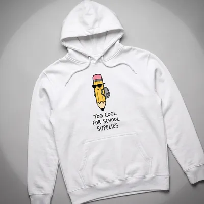 Kawaii cartoon pencil with the text 'Too Cool For School Supplies' in bright colors. — printed on a unisex hoodie