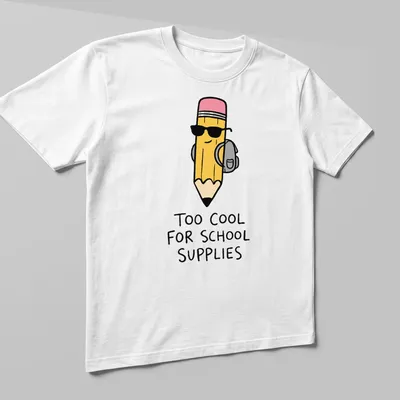 Kawaii cartoon pencil with the text 'Too Cool For School Supplies' in bright colors. — printed on a unisex t-shirt (angled view)
