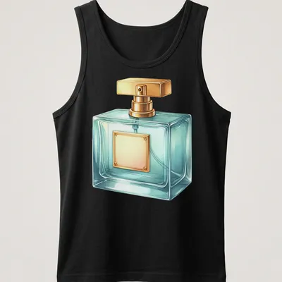 Realistic illustration of an elegant perfume bottle in light blue and gold — printed on a tank top