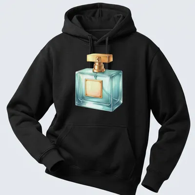 Realistic illustration of an elegant perfume bottle in light blue and gold — printed on a unisex hoodie