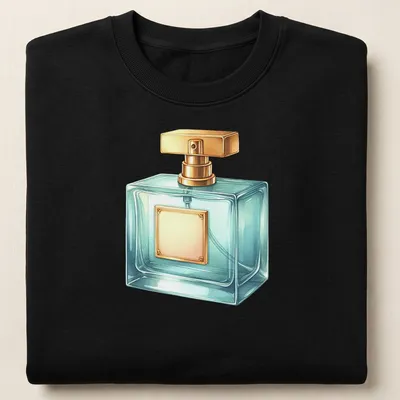 Realistic illustration of an elegant perfume bottle in light blue and gold — printed on a unisex sweatshirt