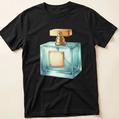 Realistic illustration of an elegant perfume bottle in light blue and gold