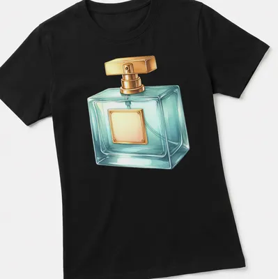 Realistic illustration of an elegant perfume bottle in light blue and gold — printed on a women's shirt