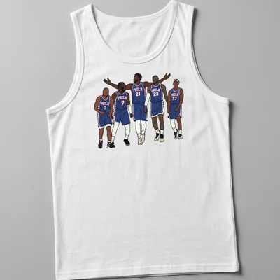 Illustrative design featuring Philadelphia 76ers players with bold colors and 'PHILA 21' text — printed on a tank top