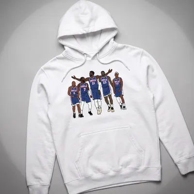 Illustrative design featuring Philadelphia 76ers players with bold colors and 'PHILA 21' text — printed on a unisex hoodie