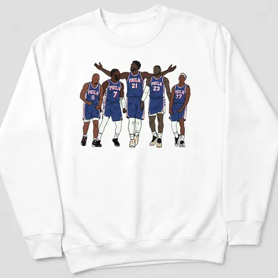 Illustrative design featuring Philadelphia 76ers players with bold colors and 'PHILA 21' text — printed on a unisex sweatshirt