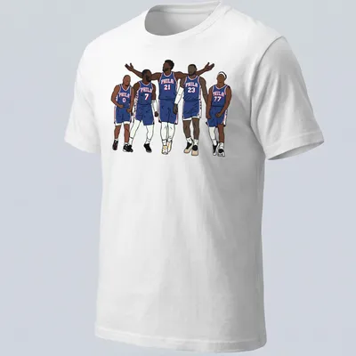 Illustrative design featuring Philadelphia 76ers players with bold colors and 'PHILA 21' text