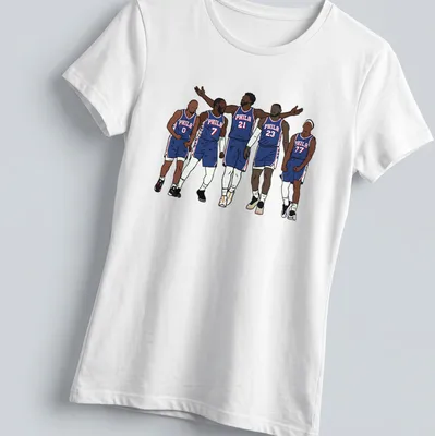 Illustrative design featuring Philadelphia 76ers players with bold colors and 'PHILA 21' text — printed on a women's shirt
