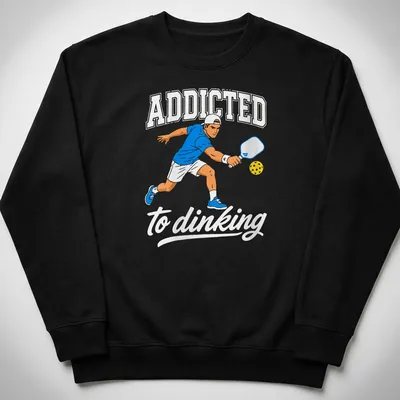 Bold printed text 'ADDICTED to dinking' with a Pickleball player design — printed on a unisex sweatshirt