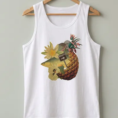 Collage t-shirt design of pineapple fish with Beach text in colorful illustration — printed on a tank top