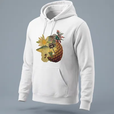 Collage t-shirt design of pineapple fish with Beach text in colorful illustration — printed on a unisex hoodie