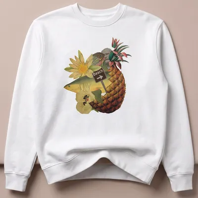 Collage t-shirt design of pineapple fish with Beach text in colorful illustration — printed on a unisex sweatshirt
