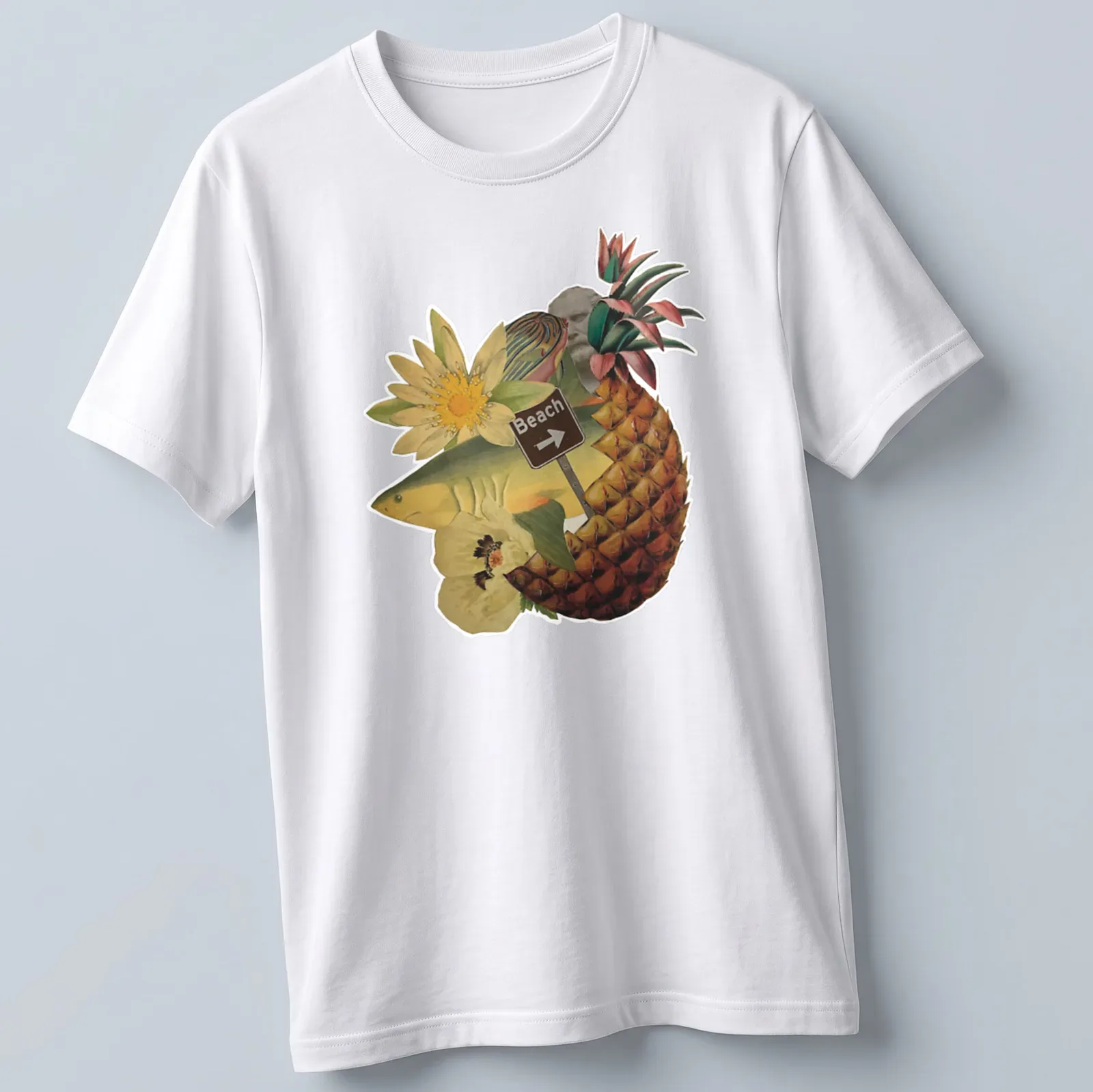 Collage t-shirt design of pineapple fish with Beach text in colorful illustration — printed on a unisex t-shirt