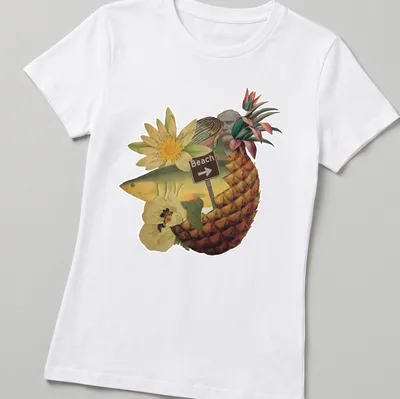 Collage t-shirt design of pineapple fish with Beach text in colorful illustration — printed on a women's shirt