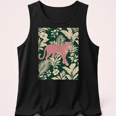 Pink leopard design surrounded by tropical leaves in vibrant colors. — printed on a tank top